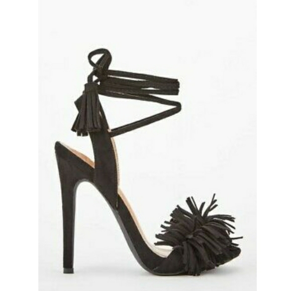 JustFab Tayrey Suede Wrap Around Fringe Tassel Stiletto Strappy Heels - Black - Picture 1 of 11